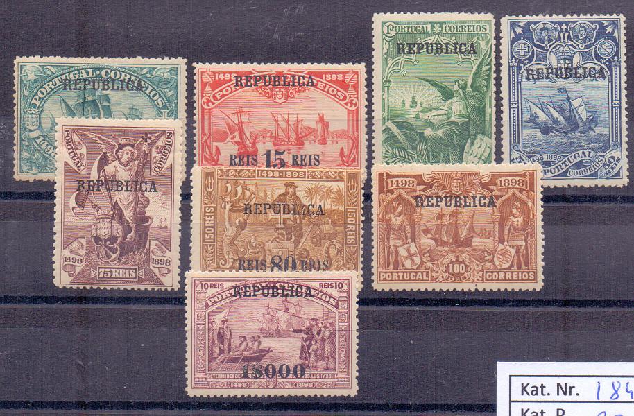 2127.jpg -     Lote:    2127      Lotes pelo Correio      Portugal       Descrição:         1911 &mdash; 4º Centenário do Descobrimento do Caminho Marítimo para a Índia com sobrecarga da República. CE 184/91. Série completa. Valor de catálogo &euro; 220.00        **       Valor Base:     &euro; 20,00     Valor Venda:     &euro; 20,00     