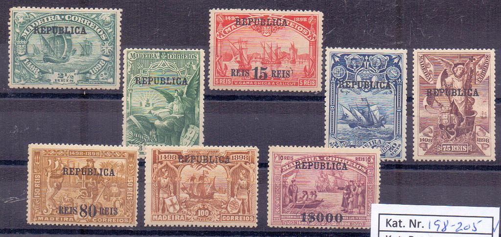 2128.jpg -     Lote:    2128      Lotes pelo Correio      Portugal       Descrição:         1911 &mdash; 4º Centenário do Descobrimento do Caminho Marítimo para a Índia com sobrecarga da República. Sobre selos postais da Madeira CE198/205. Série completa. Valor de catálogo &euro; 230,00        **       Valor Base:     &euro; 20,00     Valor Venda:     &euro; 22,00     