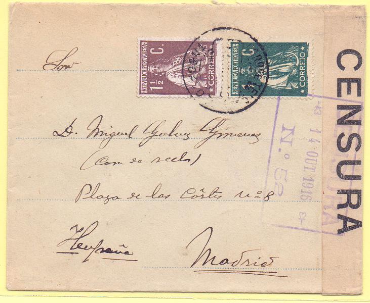 2129.jpg -     Lote:    2129      Lotes pelo Correio      Portugal       Descrição:         1912 &mdash; Ceres. Sobrescrito circulado censurado de Taboaço  para Madris (16.10.16) com selos de 1C CE208 e 1 &frac12; C CE209.        Carta       Valor Base:     &euro; 20,00     Valor Venda:     Retirado     