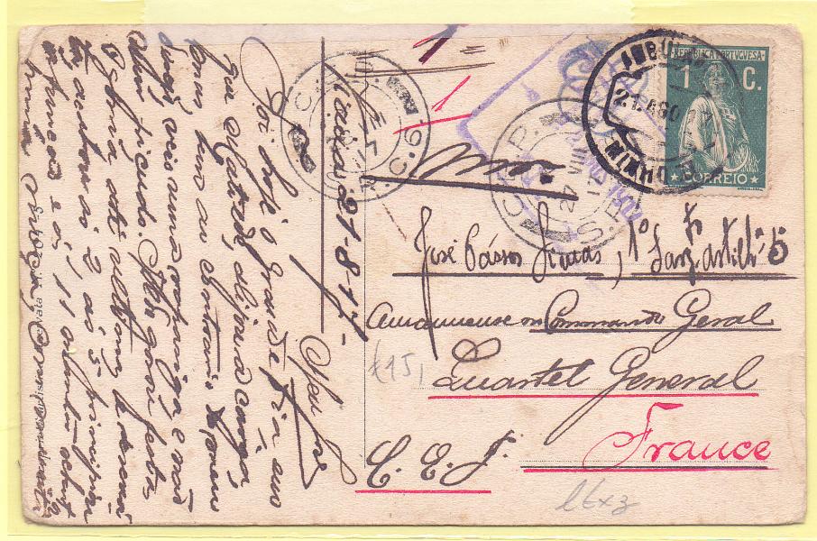 2130.jpg -     Lote:    2130      Lotes pelo Correio      Portugal       Descrição:         1912 &mdash; Ceres. Postal ilustrado circulado pela ambulância ferroviária MINHO II (21.08.17) para o CEP6 (21.08.17) com selo de 1c CE208, denteado 15x14. No anverso selo do imposto postal "Para os Pobres" de 1c + Junta Patriótica do Norte de 1c.        PI       Valor Base:     &euro; 7,00     Valor Venda:     &euro; 7,00     