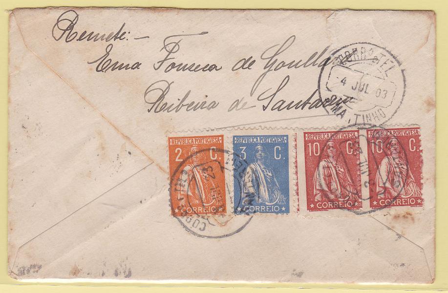 2131.jpg -     Lote:    2131      Lotes pelo Correio      Portugal       Descrição:         1912/20 &mdash; Ceres. Sobrescrito circulado de Santarém (03.07.23) para S. Martinho (04.07.03 &mdash; erro de datador), com par de selos de 10c CE215, com o denteado muito deslocado + 2C CE223 + 3c CE235.        Carta       Valor Base:     &euro; 12,00     Valor Venda:     &euro; 12,00     
