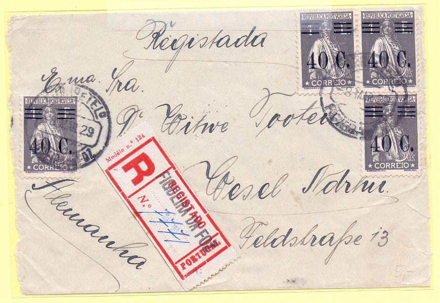 2153.jpg -     Lote:    2153      Lotes pelo Correio      Portugal       Descrição:         1928/29 &mdash; Ceres, com sobretaxa. CE482, 40c s/ 1E, papel lustrado, denteado 12x11 &frac12;. Quatro selos, em frente de sobrescrito, circulado registado da Figueira da Foz (08.03.29) para a Alemanha.        FRG       Valor Base:     &euro; 6,00     Valor Venda:     &euro; 6,00     