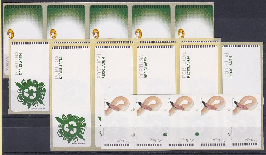2216.jpg -     Lote:    2216      Lotes pelo Correio      Portugal       Descrição:         2000 &mdash; Flamingo + Reciclar + Euro 2004. CE ETQ21, 27, 47 e 48. Lote com 4 tiras de 5 etiquetas cada, sem impressão de taxa.        ETQ       Valor Base:     &euro; 12,00     Valor Venda:     Retirado     