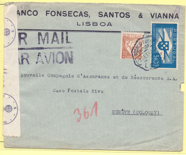 2219.jpg -     Lote:    2219      Lotes pelo Correio      Portugal       Descrição:         193&frac14;6 &mdash; Lusíadas + Correio Aéreo * Hélice. Sobrescrito circulado de Lisboa (03.09.42) para Genebra com selo de $50 CE522 e 3$00 CE CA4.        Carta       Valor Base:     &euro; 20,00     Valor Venda:     Retirado     