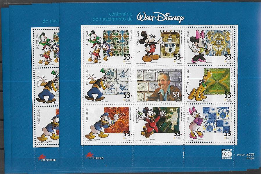 2343.jpg -     Lote:    2343      Lotes pelo Correio      Portugal       Descrição:         2001 &mdash; 100 Anos do Nascimento de Walt Disney. CE FM17. Lote de 10 folhas miniatura. Valor de catálogo &euro; 120,00.        FM***       Valor Base:     &euro; 15,00     Valor Venda:     Retirado     
