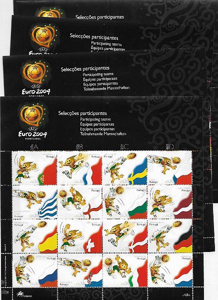 2344.jpg -     Lote:    2344      Lotes pelo Correio      Portugal       Descrição:         2004 &mdash; UEFA Euro 2004 "Selecções Participantes". CE FM21. Lote de 4 folhas miniatura. Valor de catálogo &euro; 70,00.        FM***       Valor Base:     &euro; 10,00     Valor Venda:     Retirado     