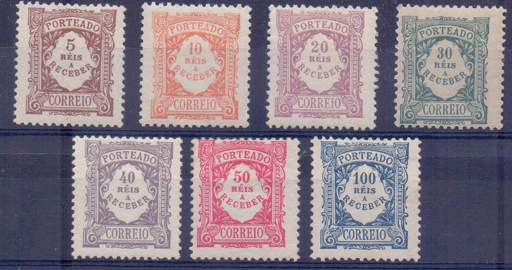 2354.jpg -     Lote:    2354      Lotes pelo Correio      Portugal       Descrição:         1904 &mdash; Porteado. Emissão regular. Valor em reis. CE POR 7/13. Série completa. Valor de catálogo &euro; 160,00.        **       Valor Base:     &euro; 12,00     Valor Venda:     &euro; 12,00     