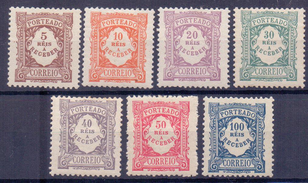 2355.jpg -     Lote:    2355      Lotes pelo Correio      Portugal       Descrição:         1904 &mdash; Porteado. Emissão regular. Valor em reis. CE POR 7/13. Série completa. Valor de catálogo &euro;160.00        **       Valor Base:     &euro; 19,00     Valor Venda:     &euro; 32,00     