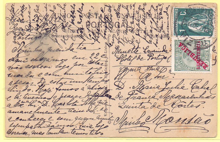 2359.jpg -     Lote:    2359      Lotes pelo Correio      Portugal       Descrição:         1911/1912 &mdash; D. Manuel II, com sobrecargas "REPUBLICA" e "ASSISTENCIA" + Ceres. Postal ilustrado circulado de Viseu (26.12.12) para Monção, com selo de 1c CE208 e selo do imposto postal de 10 reis CE IP1.        PI       Valor Base:     &euro; 6,00     Valor Venda:     &euro; 6,00     