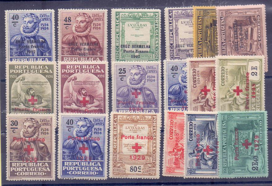 2364.jpg -     Lote:    2364      Lotes pelo Correio      Portugal       Descrição:         1927/1928 &mdash; Porte Franco. Cruz Vermelha Portuguesa. Selos do 4.º Centenário do Nascimento de Luís de Camões, com sobrecarga. CE CVP 5/10, 11/16 e 17/22. As três séries completas. Valor de catálogo &euro; 36.00.        **       Valor Base:     &euro; 5,00     Valor Venda:     &euro; 5,00     