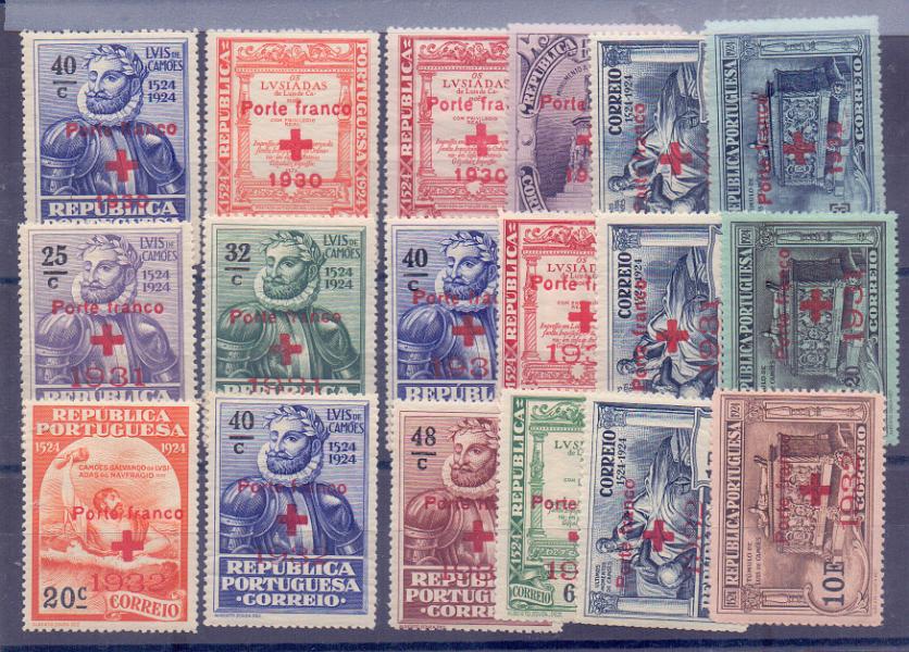 2365.jpg -     Lote:    2365      Lotes pelo Correio      Portugal       Descrição:         1930/1932 &mdash; Porte Franco. Cruz Vermelha Portuguesa. Selos do 4.º Centenário do Nascimento de Luís de Camões, com sobrecarga. CE CVP 23/28, 29/34 e 35/40. As três séries completas. Valor de catálogo &euro; 44,40.        **       Valor Base:     &euro; 5,00     Valor Venda:     &euro; 7,00     