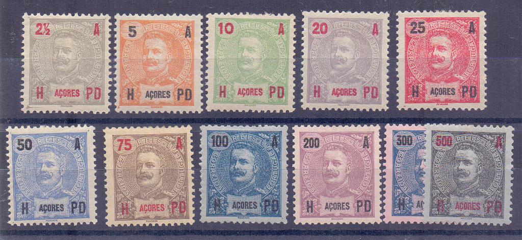 2392.jpg -     Lote:    2392      Lotes pelo Correio      Açores       Descrição:         1906 &mdash; D. Carlos I Mouchon. CE 96/106. Série completa. Valor de catálogo &euro; 50,00.        **       Valor Base:     &euro; 8,00     Valor Venda:     Retirado     