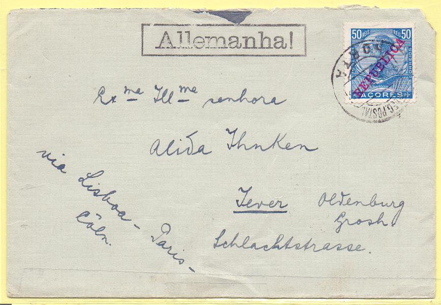 2394.jpg -     Lote:    2394      Lotes pelo Correio      Açores       Descrição:         1911 &mdash; D. Manuel II, com sobrecarga REPUBLICA. CE127, 50 reis em carta circulada da Horta para a Alemanha.        Carta       Valor Base:     &euro; 5,00     Valor Venda:     Retirado     