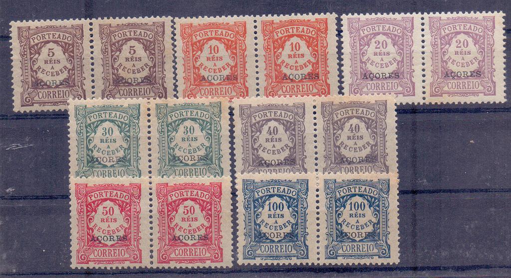 2398.jpg -     Lote:    2398      Lotes pelo Correio      Açores       Descrição:         1904 &mdash; Porteado. Emissão regular. Valor em reis. CE POR 1/7. Série completa em pares. Valor de catálogo &euro; 96,00.        ***       Valor Base:     &euro; 10,00     Valor Venda:     &euro; 10,00     