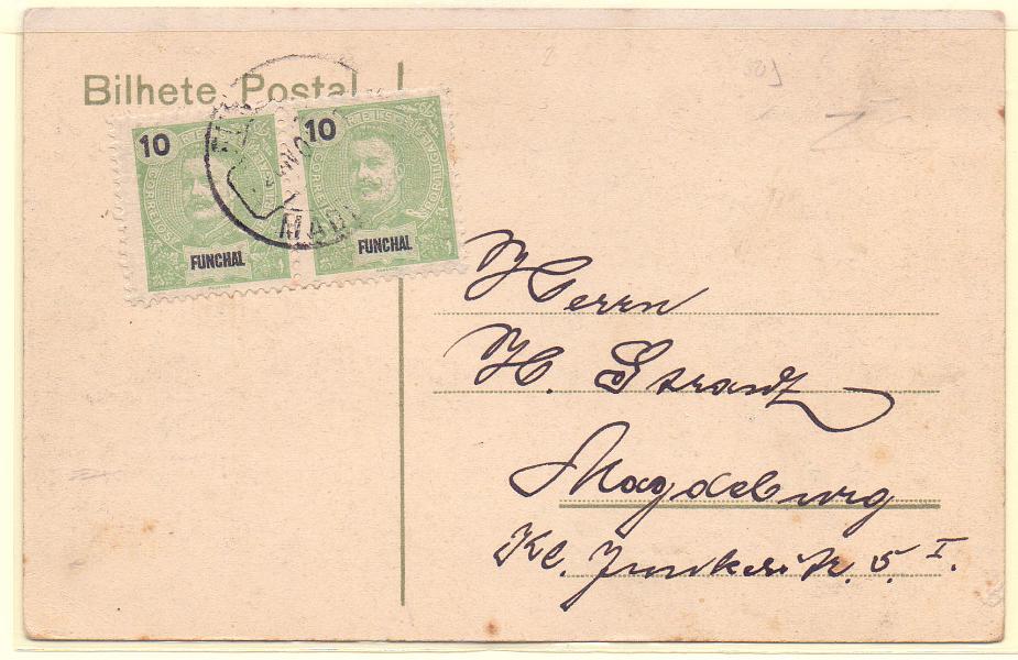 2419.jpg -     Lote:    2419      Lotes pelo Correio      Distritos Postais       Descrição:         1897 &mdash; D. Carlos I Mouchon. CE15, 10 reis. Dois selos em postal ilustrado circulado do Funchal (12.11.98) para a Alemanha.        PI       Valor Base:     &euro; 5,00     Valor Venda:     Retirado     