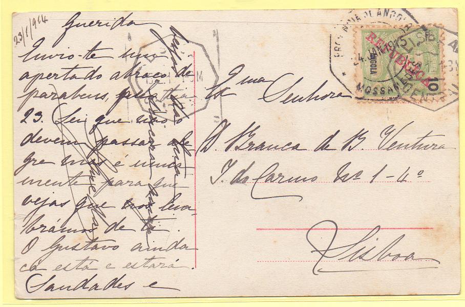 2421.jpg -     Lote:    2421      Lotes pelo Correio      Angola       Descrição:         1911 &mdash; D. Carlos I, com sobrecarga REPUBLICA. CE90, 10 reis em postal ilustrado, circulado de Moçamedes (24.01.15) para Lisboa.        PI       Valor Base:     &euro; 5,00     Valor Venda:     Retirado     