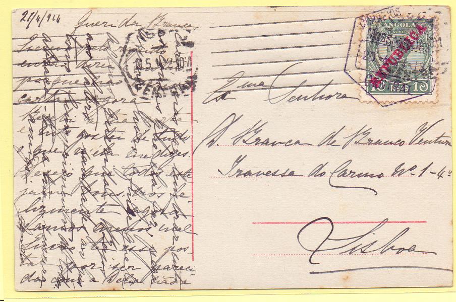 2422.jpg -     Lote:    2422      Lotes pelo Correio      Angola       Descrição:         1912 &mdash; D. Manuel II, com sobrecarga REPUBLICA. CE105, 10 reis em postal ilustrado, circulado de Moçamedes (20.04.14) para Lisboa.        PI       Valor Base:     &euro; 5,00     Valor Venda:     Retirado     