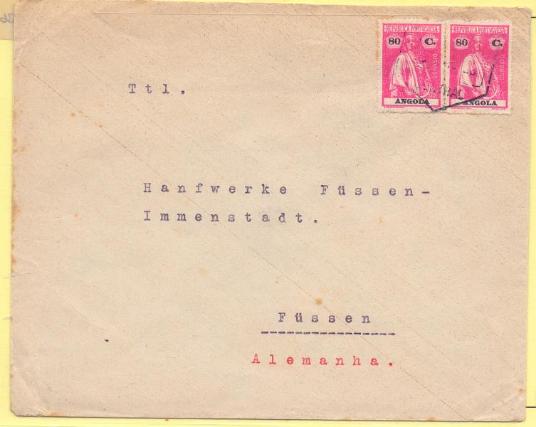 2423.jpg -     Lote:    2423      Lotes pelo Correio      Angola       Descrição:         192&frac12;2 &mdash; Ceres. CE209, 80c carmim rosa. Dois selos em carta circulada do Lubango (??.??.23) para a Alemanha.        Carta       Valor Base:     &euro; 6,00     Valor Venda:     Retirado     