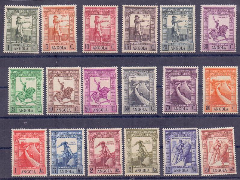 2426.jpg -     Lote:    2426      Lotes pelo Correio      Angola       Descrição:         1938 &mdash; Império Colonial Português. CE 258/275. Série completa. Valor de catálogo &euro; 130,00.        **       Valor Base:     &euro; 15,00     Valor Venda:     &euro; 32,00     