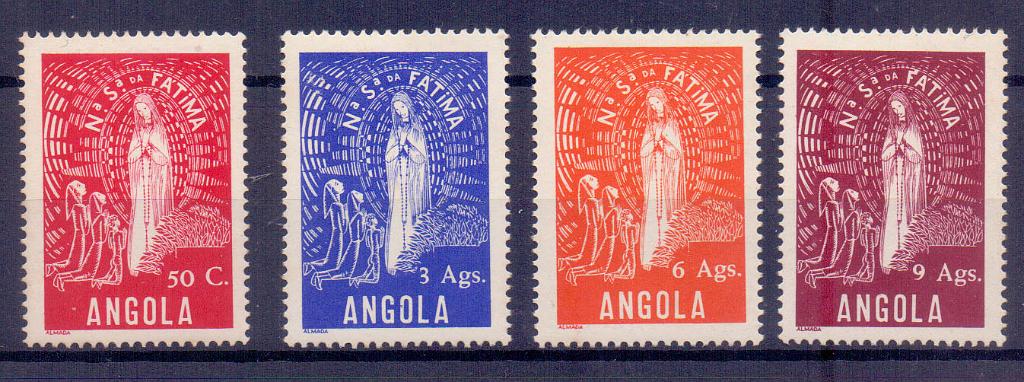 2429.jpg -     Lote:    2429      Lotes pelo Correio      Angola       Descrição:         1948 &mdash; Nossa Senhora de Fátima. CE302/305. Série completa. Valor de catálogo &euro; 139,00. Selo de 50C (**).        ***       Valor Base:     &euro; 15,00     Valor Venda:     Retirado     
