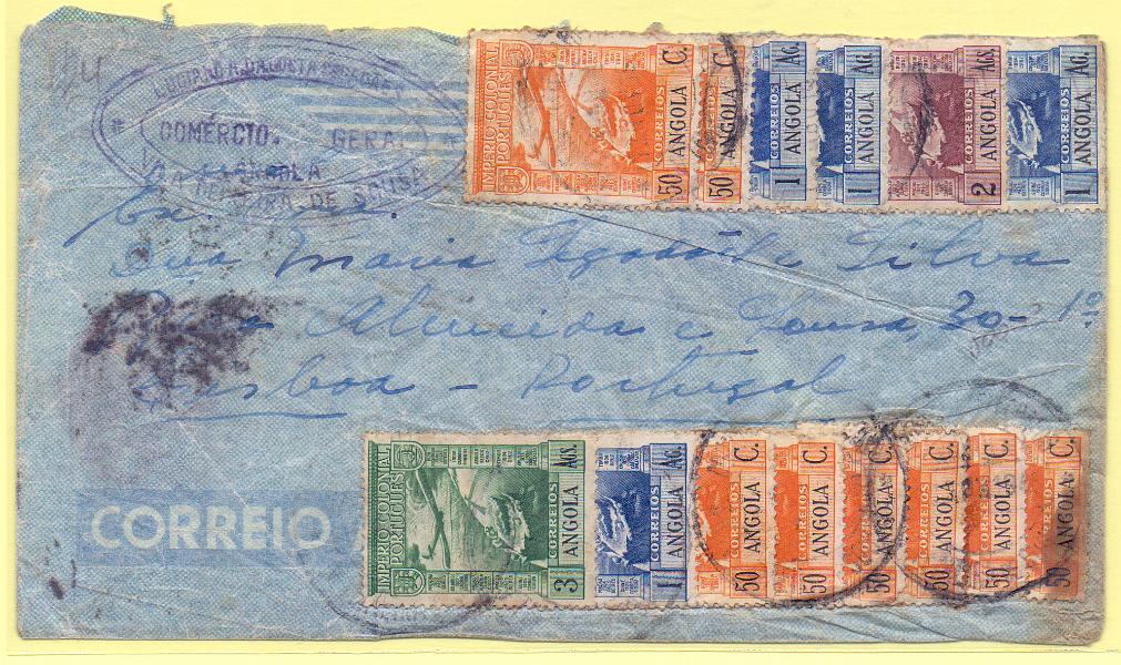 2437.jpg -     Lote:    2437      Lotes pelo Correio      Angola       Descrição:         1938 &mdash; Império Colonial Português * Correio Aéreo. Sobrescrito circulado de Vila Teixeira de Sousa para Lisboa (03.12.45) com 8x50c, 4x1Ag e 3Ags, CE CA3, 4 e 6.        Carta       Valor Base:     &euro; 12,00     Valor Venda:     Retirado     