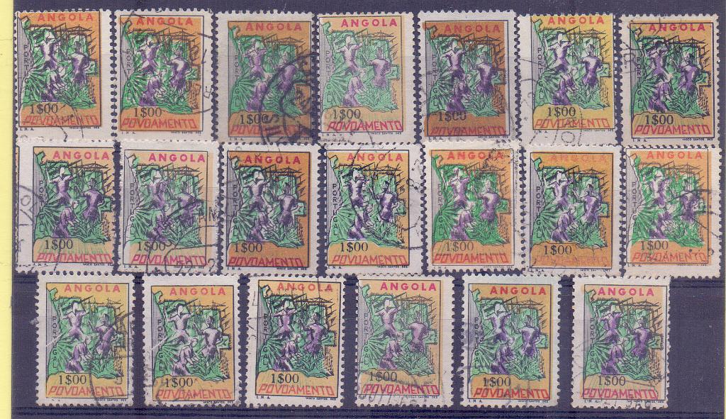 2438.jpg -     Lote:    2438      Lotes pelo Correio      Angola       Descrição:         1965 &mdash; Imposto Postal. Povoamento. CE IP19, 1$00. Lote com 20 selos, com tonalidades de cor, deslocação de denteado e de cores.     Cabo Verde        Lote       Valor Base:     &euro; 5,00     Valor Venda:     &euro; 5,00     