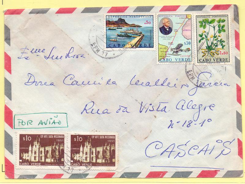 2439.jpg -     Lote:    2439      Lotes pelo Correio      Guiné       Descrição:         1953/69 &mdash; Arte Sacra + Motivos de Cabo Verde + Nascimento de Gago Coutinho. Sobrescrito circulado da EPM 7 (02.08.70) para Cascais, com selos CE277 (par), CE329, CE331 e CE339.        Carta       Valor Base:     &euro; 5,00     Valor Venda:     Retirado     