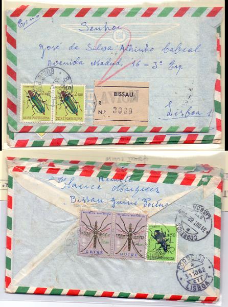 2440.jpg -     Lote:    2440      Lotes pelo Correio      Guiné       Descrição:         1953/1962 &mdash; Insectos da Guiné + Erradicação do Paludismo + Modalidades desportivas. Lote de 3 sobrescritos com selos CE279 (par) + CE273 e CE295 (par) + CE292. Dois sobrescritos circulados registados com etiquetas de registo de Bissau / AVION.        Carta       Valor Base:     &euro; 8,00     Valor Venda:     &euro; 15,00     