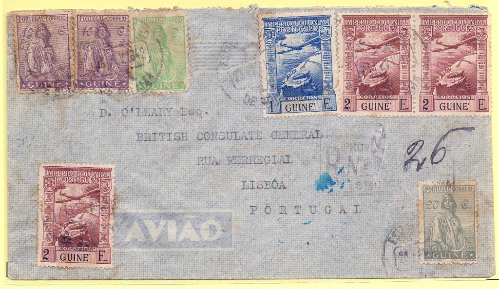 2441.jpg -     Lote:    2441      Lotes pelo Correio      Índia       Descrição:         1933/38 &mdash; Ceres, novo tipo + Império Colonial Português * Correio aéreo. Sobrescrito circulado registado de Bolama para Lisboa com selos de 10cx2, 20 e 80c CE206, 208 e 215 + selo de 1E e 3x2E CE CA4 e 5.        Carta       Valor Base:     &euro; 8,00     Valor Venda:     Retirado     