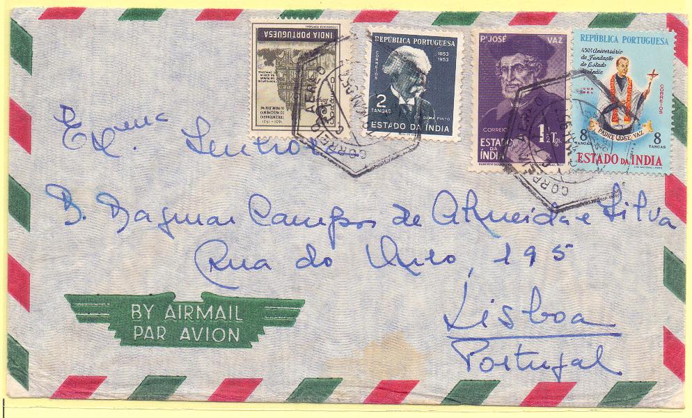 2443.jpg -     Lote:    2443      Lotes pelo Correio      Índia       Descrição:         1948/56 &mdash; Vultos da Índia + Gama Pinto + Padre José Vaz + 450.º Aniversário do estado da Índia. Sobrescrito circulado de Goa (19.05.57) para Lisboa com selos de 1 &frac12; Tgs, 2 Tgs, 3 Tgs e 8 Tgs CE386, 421, 436 e 451.        Carta       Valor Base:     &euro; 6,00     Valor Venda:     Retirado     