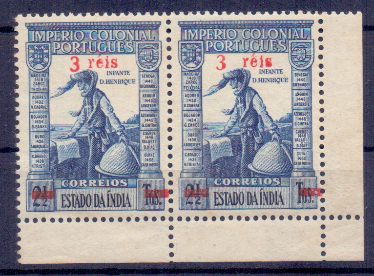 2444.jpg -     Lote:    2444      Lotes pelo Correio      Índia       Descrição:         1950/51 &mdash; Império Colonial Português, com sobretaxa. CE402, 3 reis s/ 2 &frac12; Tgs. Par horizontal, um deles com "rêis" em vês de "réis". Valor de catálogo &euro; 41,00.        ***       Valor Base:     &euro; 6,00     Valor Venda:     Retirado     