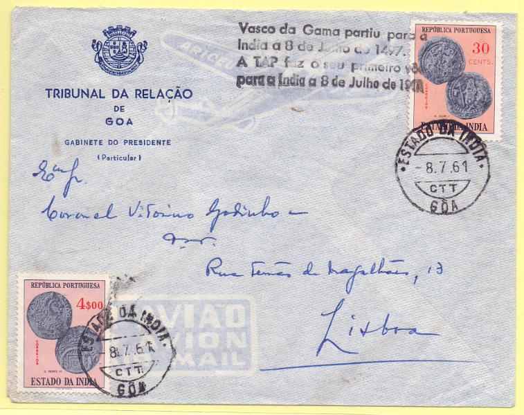 2445.jpg -     Lote:    2445      Lotes pelo Correio      Índia       Descrição:         1959 &mdash; Moedas. Sobrescrito circulado de Goa (08.07.61) para Lisboa, com selos de 30c e 4$00 CE508 e 518. Flâmula comemorativa a preto.        Carta       Valor Base:     &euro; 5,00     Valor Venda:     &euro; 10,00     