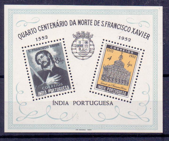 2446.jpg -     Lote:    2446      Lotes pelo Correio      Índia       Descrição:         1952 &mdash; 4.º Centen+ario da morte de S. Francisco Xavier. CE BLC3. Valor de catálogo &euro; 35,00.        BLC***       Valor Base:     &euro; 8,00     Valor Venda:     &euro; 23,00     