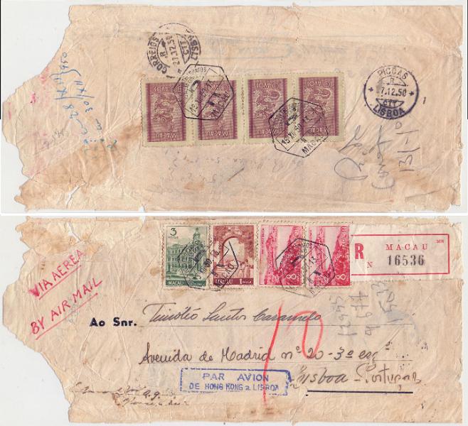 2447.jpg -     Lote:    2447      Lotes pelo Correio      Macau       Descrição:         Sobrescrito registado de Macau para Lisboa, por avião de Hong Kong para Lisboa (27.12.50).        Carta       Valor Base:     &euro; 30,00     Valor Venda:     Retirado     
