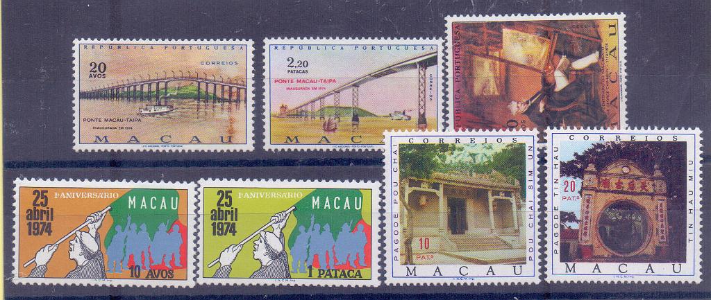 2449.jpg -     Lote:    2449      Lotes pelo Correio      Macau       Descrição:         1974/1976 &mdash; Ponte Macau-Taipa + George Chinnery + Aniversário 25 Abril + Pagodes. CE435/441. As quatro séries completas com muito ligeiro sinal de charneira. Valor de catálogo &euro; 97,50.        **       Valor Base:     &euro; 5,00     Valor Venda:     &euro; 7,00     