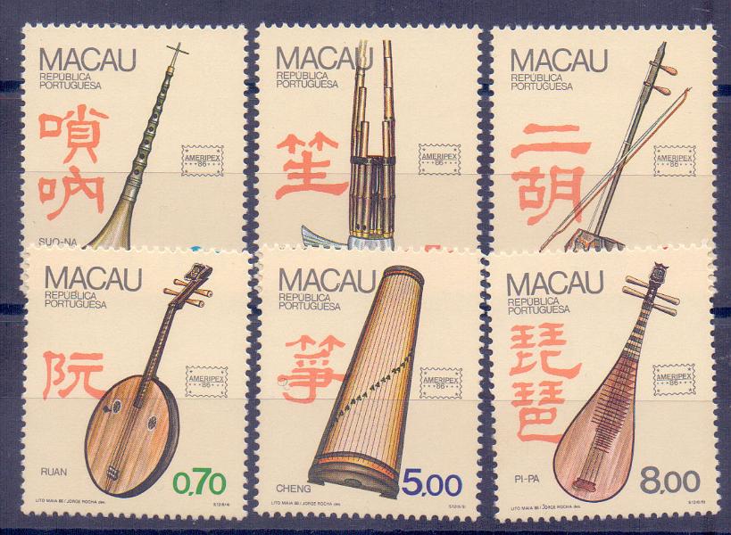 2450.jpg -     Lote:    2450      Lotes pelo Correio      Macau       Descrição:         1986 &mdash; Instrumentos Musicais Regionais. CE526/531. Série completa com muito ligeiro sinal de charneira. Valor de catálogo &euro; 60,00.        **       Valor Base:     &euro; 10,00     Valor Venda:     Retirado     