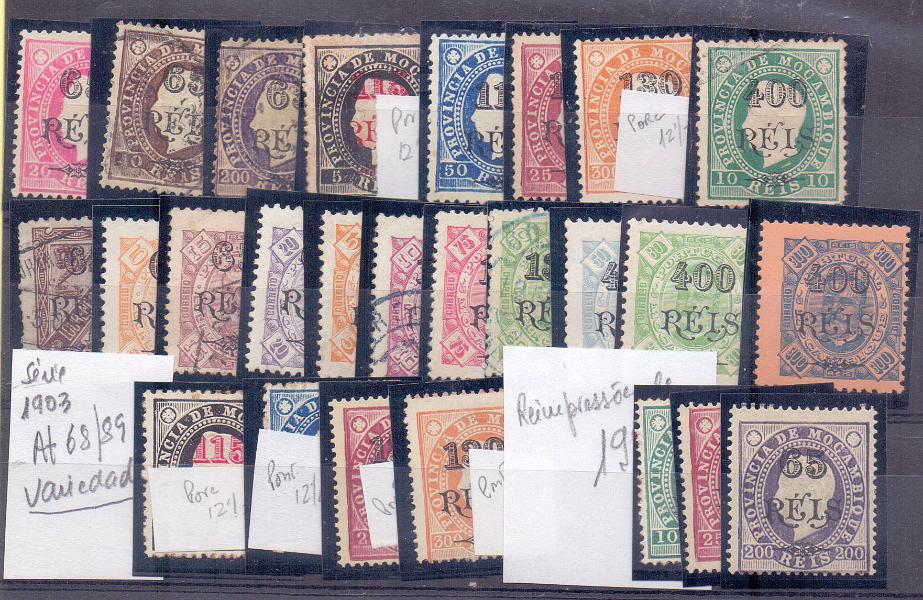 2462.jpg -     Lote:    2462      Lotes pelo Correio      Moçambique       Descrição:         1903 &mdash; D. Luís I e D. Carlos I com sobretaxa. CE 68/89. Lote com 26 selos, novos e usados, com variedades de papel e denteados e ainda reimpressão de 1905. Valor de catálogo &euro; 246,80. Lote a ver.        **/*/O       Valor Base:     &euro; 25,00     Valor Venda:     &euro; 35,00     
