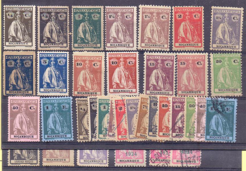 2463.jpg -     Lote:    2463      Lotes pelo Correio      Moçambique       Descrição:         1914/24 &mdash; Ceres. Emissão de 1914 (CE153/168) em séries nova e usada (menos 30c), e emissões de 192&frac12;4 (CE224/36 e 240/48). Conjunto de 55 selos novos e usados, com variedades de denteado, de cor e papel. Valor aproximado de catálogo &euro; 150,00.        **/*/O       Valor Base:     &euro; 15,00     Valor Venda:     &euro; 15,00     
