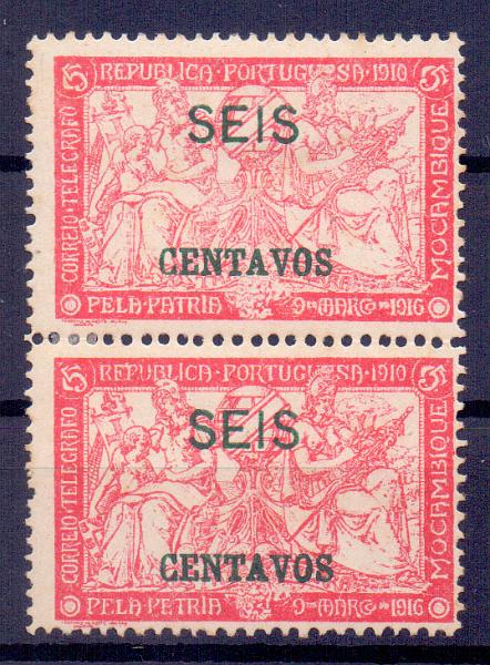 2464.jpg -     Lote:    2464      Lotes pelo Correio      Moçambique       Descrição:         1918/20 &mdash; Taxa de Guerra. Selos do Imposto Postal, com sobretaxa. CE205, 6c s/ 5c. Par vertical, com um dos selos com a variedade "PETRIA". Valor de catálogo &euro; 25,00.        **       Valor Base:     &euro; 5,00     Valor Venda:     &euro; 15,00     