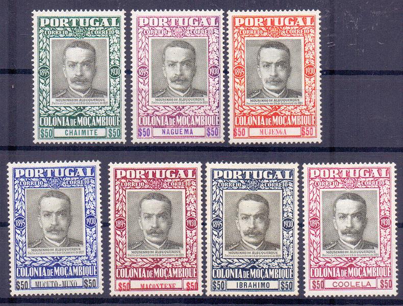 2466.jpg -     Lote:    2466      Lotes pelo Correio      Moçambique       Descrição:         1930/31 &mdash; Vitórias de Mouzinho de Albuquerque. CE 263/269. Série completa. Alguns ligeiríssimos pontos de óxido no verso. Lote a ver. Valor de catálogo &euro; 117,00.        **       Valor Base:     &euro; 12,00     Valor Venda:     &euro; 18,00     