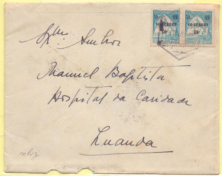 2468.jpg -     Lote:    2468      Lotes pelo Correio      Moçambique       Descrição:         1938 &mdash; Lusíadas, com sobretaxa. CE307, 40c s/ 15c. Par em sobrescrito circulado de Moçambique (19.10.38) para Luanda (03.11.38).        Carta       Valor Base:     &euro; 5,00     Valor Venda:     Retirado     