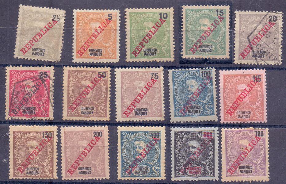 2483.jpg -     Lote:    2483      Lotes pelo Correio      Lourenço Marques       Descrição:         1911 &mdash; D. Carlos I, com sobrecarga REPUBLICA. CE78/92. Conjunto de selos novos e usados. Uma série completa + bloco de 8 de 2 &frac12; reis + quadras de 15, 200 e 700 reis + par de 500 reis. Valor aproximado de catálogo &euro; 66,00. Lote a ver.        **/*/O       Valor Base:     &euro; 10,00     Valor Venda:     Retirado     