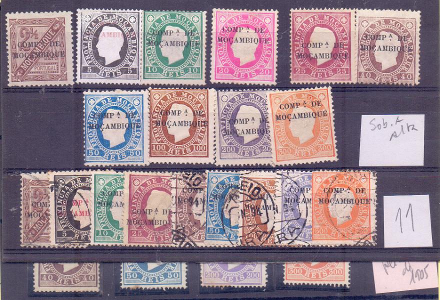 2485.jpg -     Lote:    2485      Lotes pelo Correio      Companhia de Moçambique       Descrição:         1892 &mdash; D. Luís I. Fita direita. Selos de Moçambique com sobrecarga "COMP.ª DE MOÇAMBIQUE". CE 1/9. Lote composta por série nova (alguns selos sem goma) + série usada + selo de 2 &frac12; reis com ponto sob o "A" de "COMP.ª" + 4 reimpressões de 1905 (40, 50, 200 e 300 reis), com pontos de óxido. Lote a ver. Valor de catálogo &euro; 320,00.        **/O       Valor Base:     &euro; 30,00     Valor Venda:     &euro; 30,00     
