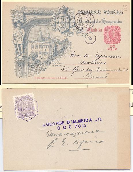 2486.jpg -     Lote:    2486      Lotes pelo Correio      Companhia de Moçambique       Descrição:         1895/1902 &mdash; Tipo Elefantes. Inteiro postal do Centenário da Índia da Madeira, circulado como postal ilustrado com selo de 20 reis CE15, da Beira (04.11.10) para Gand (27.11.10).        PI       Valor Base:     &euro; 15,00     Valor Venda:     Retirado     