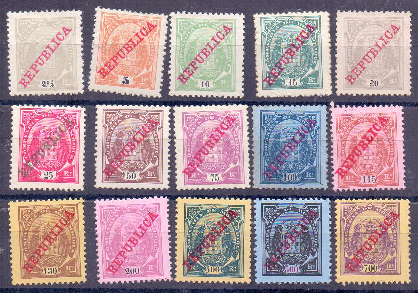 2490.jpg -     Lote:    2490      Lotes pelo Correio      Companhia de Moçambique       Descrição:         1911 &mdash; Tipo Elefantes, com sobrecarga REPUBLICA da Casa da Moeda + 1918 &mdash; Tipo Elefante, com sobrecarga e sobretaxa. CE 77/91. Série completa. Dois selos sem goma + CE 114/116. Séries completas em novo e usado + 1 selo com variedade "2" partido. Valor de catálogo &euro; 47,00.        **/*/O       Valor Base:     &euro; 8,00     Valor Venda:     &euro; 14,00     