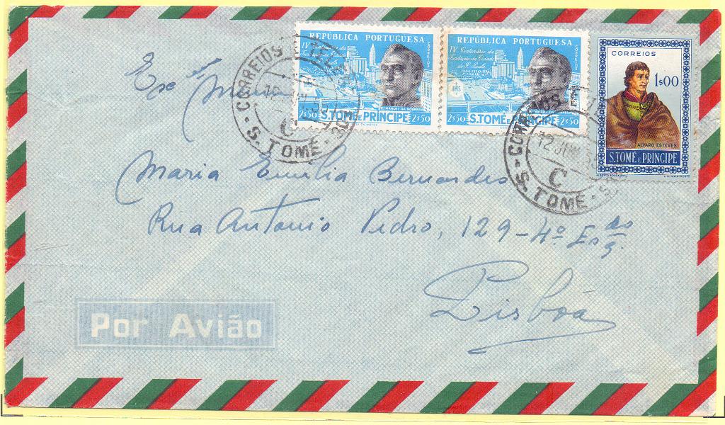 2501.jpg -     Lote:    2501      Lotes pelo Correio      S. Tomé e Príncipe       Descrição:         1952/54 &mdash; Fundação da Cidade de S. Paulo + Navegadores. Sobrescrito circulado de S. Tomé (12.06.55) para Lisboa com selo de 1$00 CE356 + dois selos de 2$50 CE365.        Carta       Valor Base:     &euro; 6,00     Valor Venda:     Retirado     