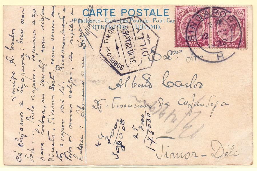 2502.jpg -     Lote:    2502      Lotes pelo Correio      Timor       Descrição:         Timor. Incoming mail. Postal ilustrado circulado de Singapura (12.10.22) para Dili (31.10.22)).        PI       Valor Base:     &euro; 12,00     Valor Venda:     Retirado     