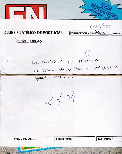 2579.jpg -     Lote:    2579      Lotes pelo Correio             Descrição:         FN &mdash; Filatelia Numismática. Lote com 16 revistas desde n.º 1 (1991) a n.º 34 (1984). Lote a ver.        *       Valor Base:     &euro; 5,00     Valor Venda:     Retirado     