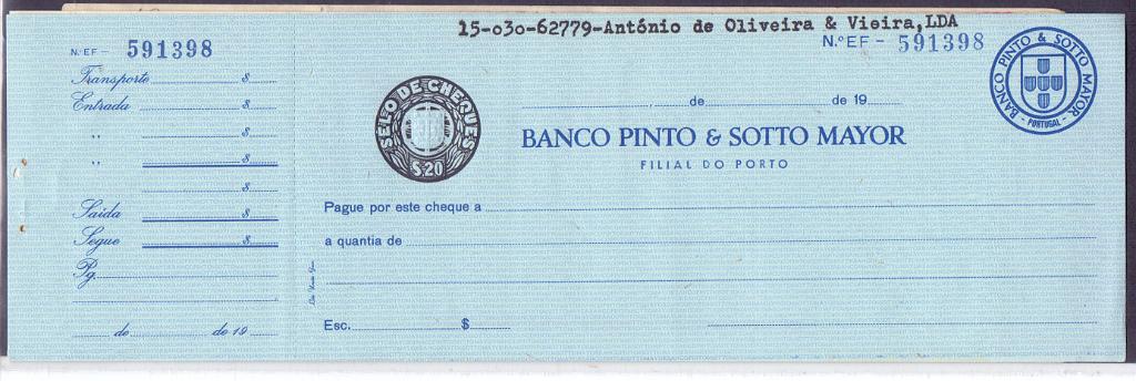 2765.jpg -     Lote:    2765      Lotes pelo Correio             Descrição:         Lote de 4 cheques novos com canhoto: Pinto& Souto Mayor, Borges & Irmão, Banco de Angola (Luanda)e BNU (S. Tomé).        CHQ       Valor Base:     &euro; 6,00     Valor Venda:     Retirado     