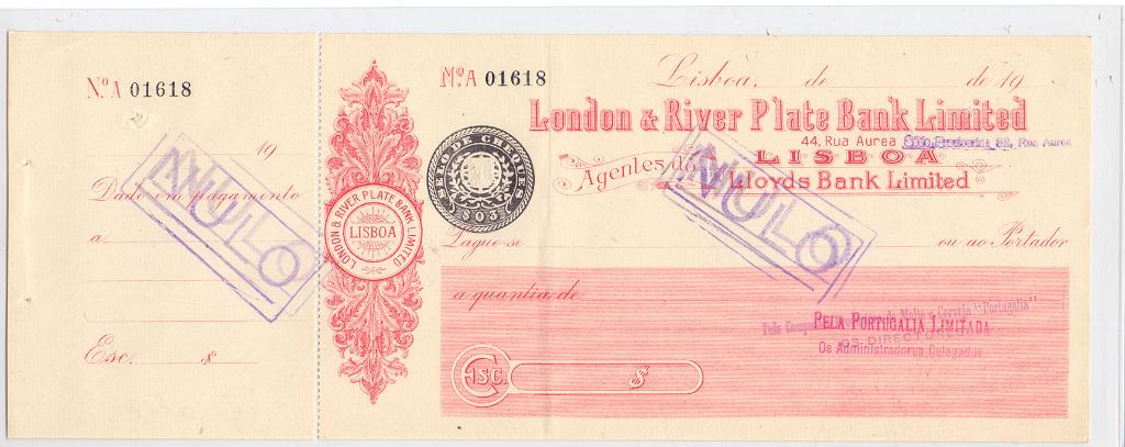 2766.jpg -     Lote:    2766      Lotes pelo Correio             Descrição:         Cheque do "London & River Plate Bank, Ltd", Lisboa, novo com canhoto. Imposto do Selo de $03.        CHQ       Valor Base:     &euro; 7,00     Valor Venda:     &euro; 7,00     